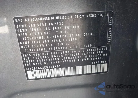 2019 Volkswagen Tiguan 2.0T Se/2.0T Sel/2.0T Sel R-Line/2.0T Sel R-Line Black z USA, uszkodzony, nr VIN 3VV2B7AX3KM035401